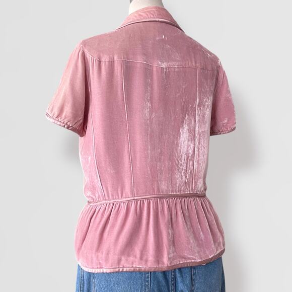 Y2K Silk Velvet Peplum Top Banana Republic 12 Pink Coquette Puff Short Sleeves - Picture 4 of 7
